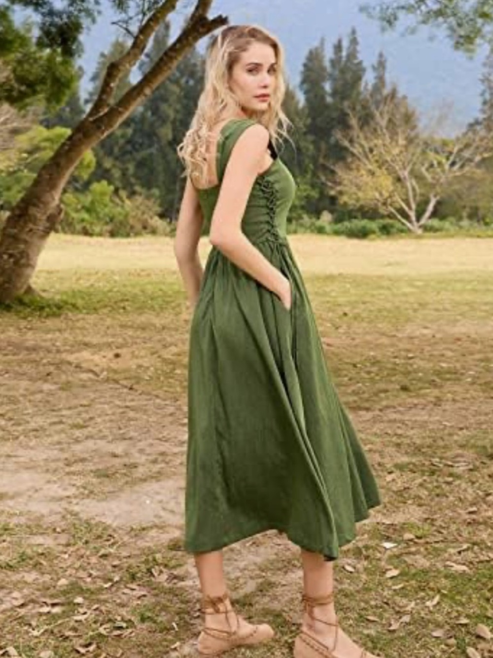 Scarlet Darkness Renaissance Lace-up Bodice Flared Midi Dress Olive Green Size S - Picture 3 of 14